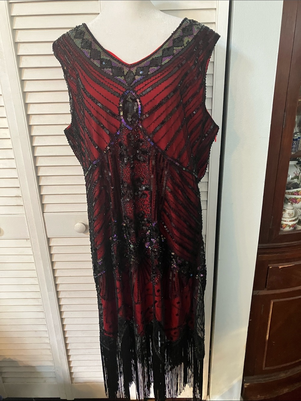 Beaded Red Fringe Midi Dress with Black Sequin Overlay